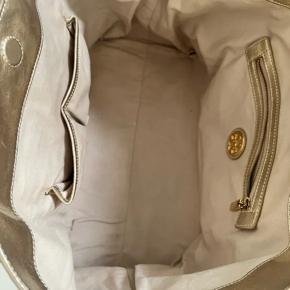 Tory Burch Golden Metallic Travel Tote Bag leather embossed logo lined - Picture 12 of 16